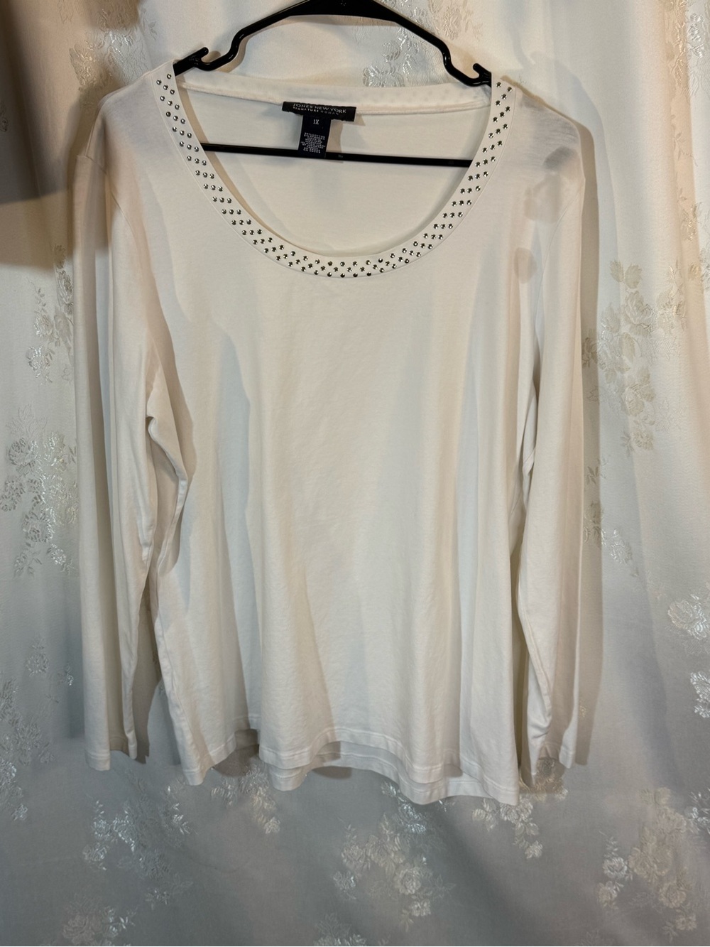 Jones New York White Long-Sleeve Scoop Neck Top with Stud Accents